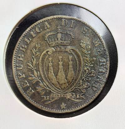 外国优质老铜币银币苏联纪念章，每周六晚九点倒数截拍，满百包邮可寄存，持续收拍 - 圣马力诺1894年5分，由罗马造币厂（R）铸造，正面为共和国国徽，背面标注面值与年份，是该国 1864-1894 年系列铜币的收官年份版本，见证了其作为古老共和国的货币独立历程。