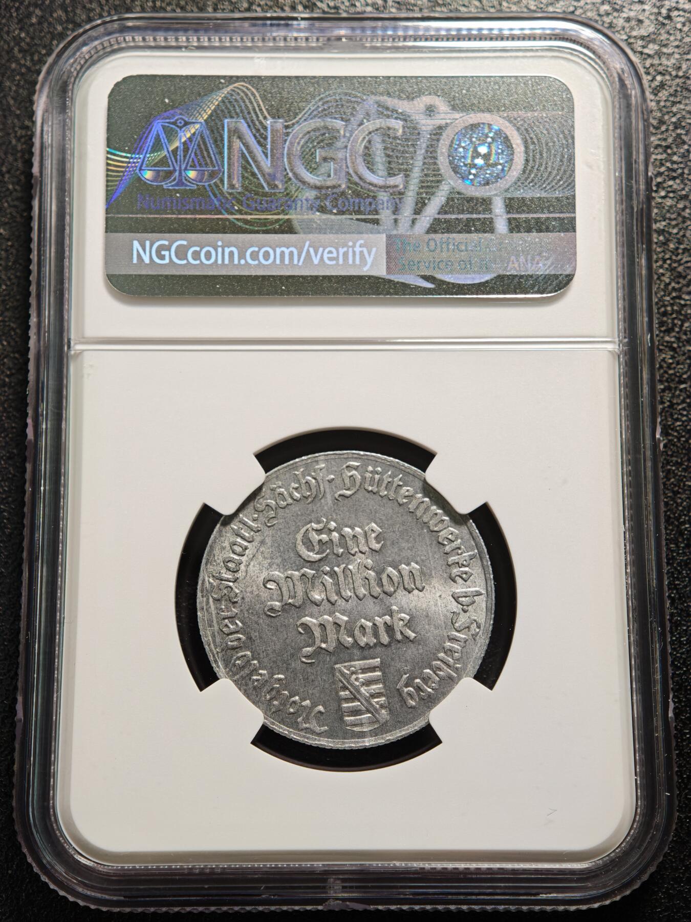 【德藏】世界币章拍卖第167期（拍品征集中~欢迎藏友联系） 1923年 德国紧急时期弗莱堡火把男100万马克铝币 NGC MS63 原光十足 大名誉品种