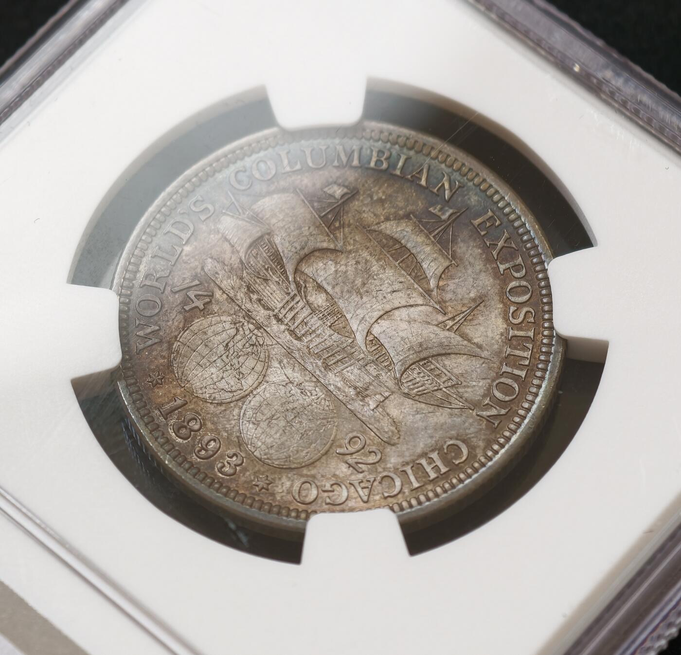 甄臻铺-世界币章拍卖（第54期），3月28日甄品场拍品征集中，送拍享返佣金等优惠多多 NGC-MS64 1893年美国哥伦布纪念50美分