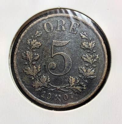 外国优质老铜币银币苏联纪念章，每周六晚九点倒数截拍，满百包邮可寄存，持续收拍 - 挪威 1907年5 欧尔铜币，由孔斯堡造币厂铸造。正面为哈康七世徽记，背面是持斧挪威狮。1905 年挪威刚独立，此币是新君主制下独立货币体系的早期流通辅币。