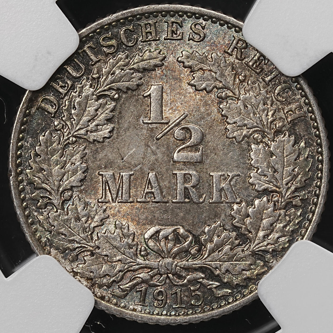 修遠堂世界钱币第107期 NGC MS64 1915年德国1/2马克银币，E厂铭