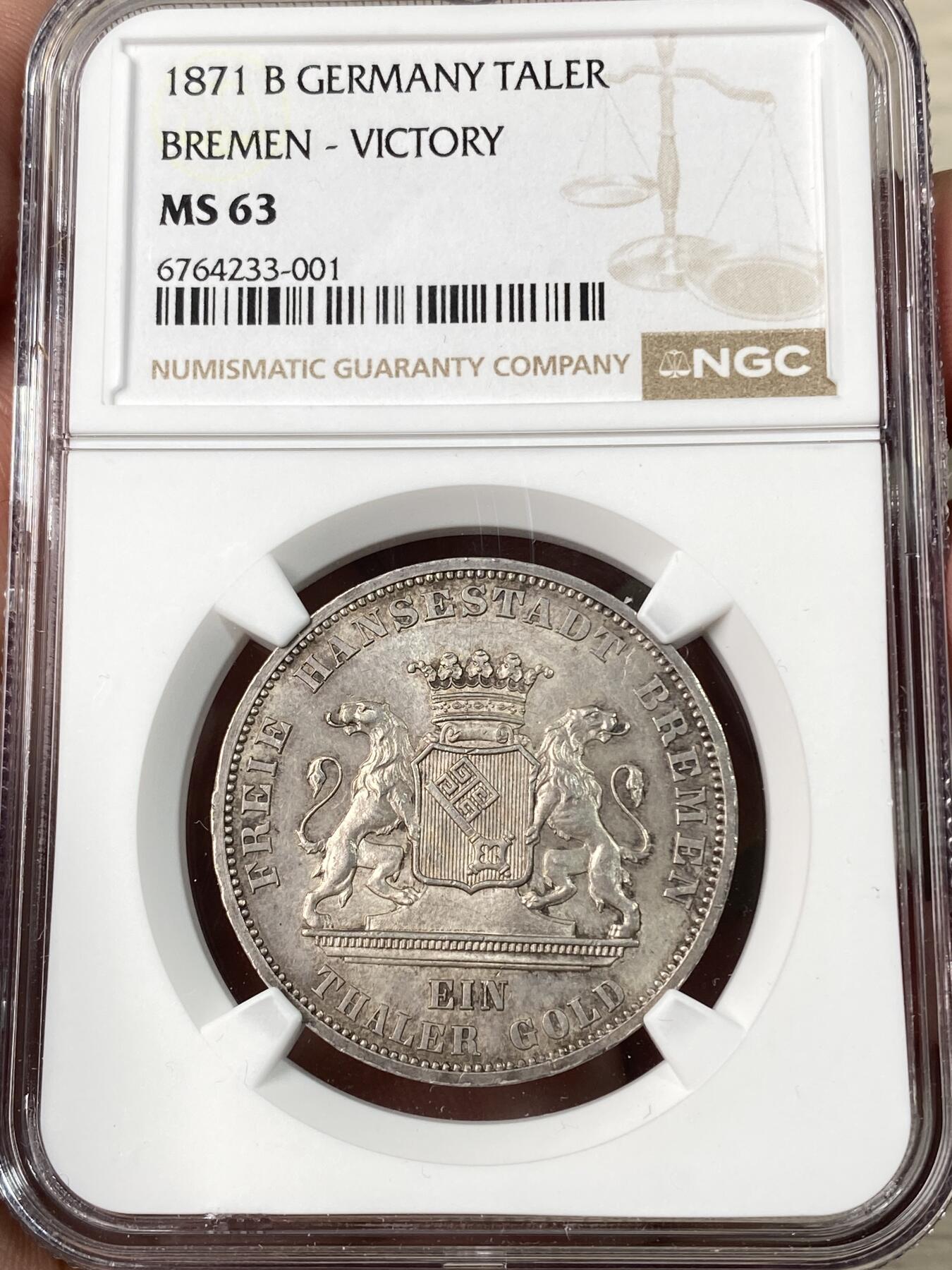 万国钱币拍卖第062期 NGC MS63 1871不莱梅自由市普法战争胜利泰勒 原味转光银灰包浆高点极佳