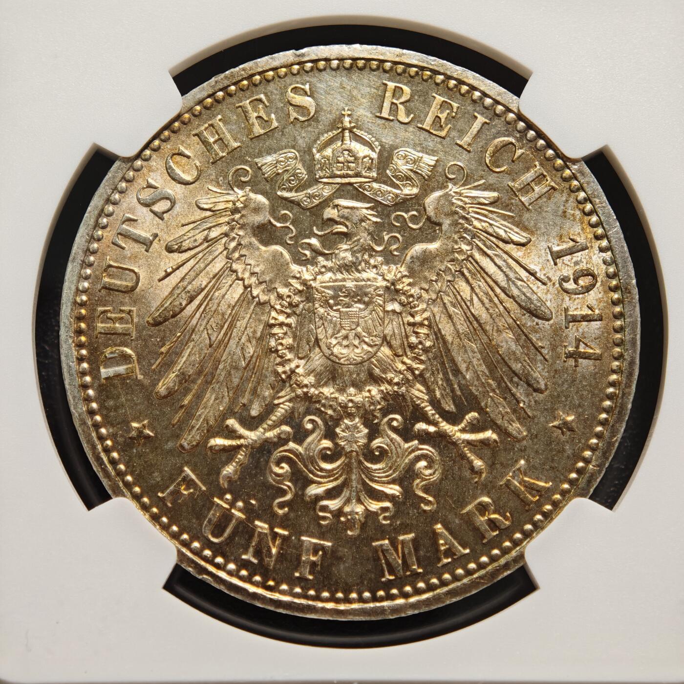 【德藏】世界币章拍卖第167期（拍品征集中~欢迎藏友联系） 1914年 德国普鲁士威廉二世军装5马克大银币 NGC UNC