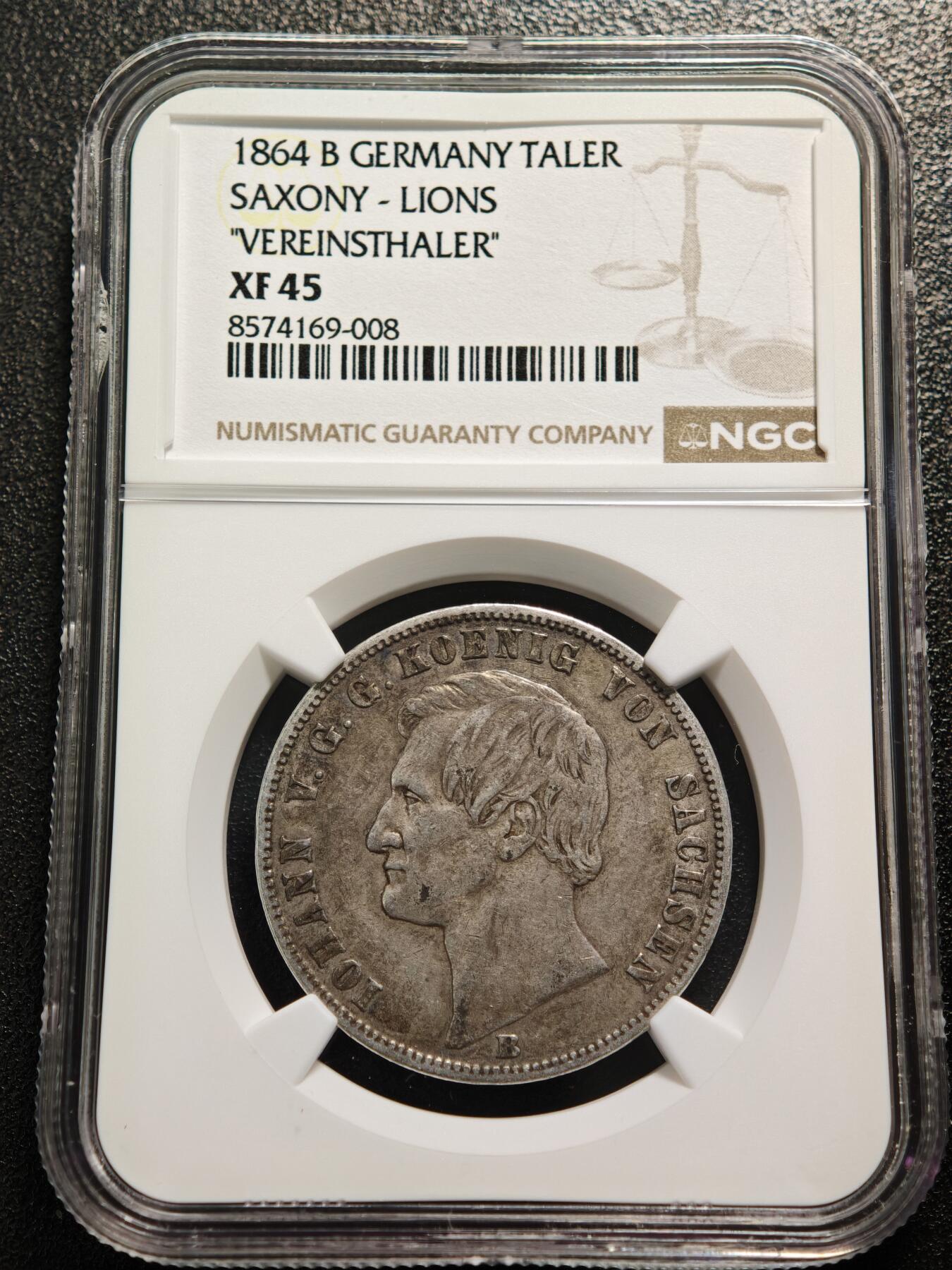 【德藏】世界币章拍卖第167期（拍品征集中~欢迎藏友联系） 1864年 德国萨克森约翰国王联合泰勒银币 NGC XF45 原味包浆