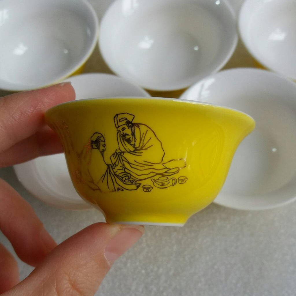       七八十年代描金人物小黄茶杯酒杯功夫茶杯1组6个库存老货旧藏文玩艺术收藏
