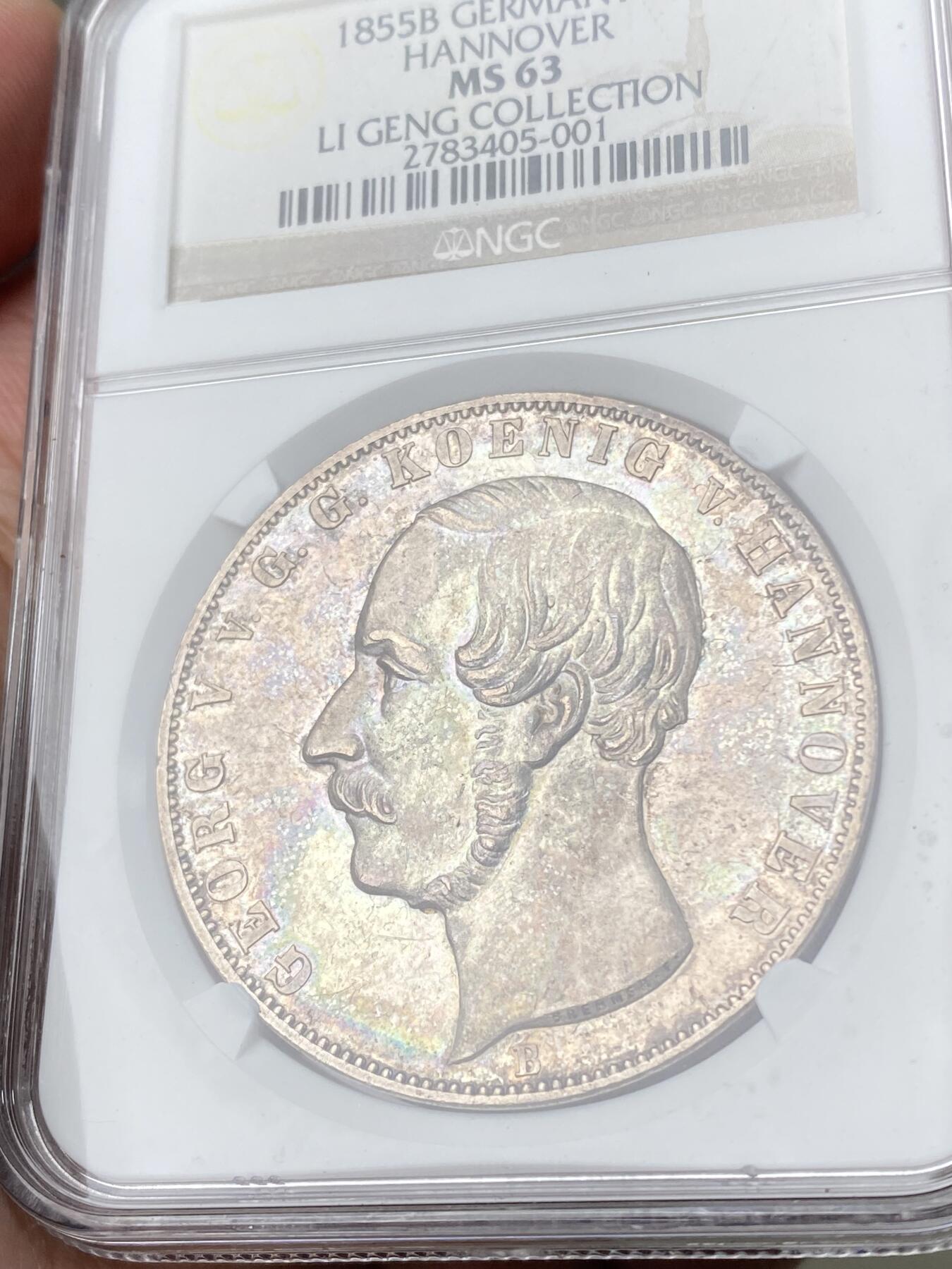 万国钱币拍卖第062期 NGC MS63 1855年德国汉诺威狮马盾徽流通2泰勒 难得早期年份（比后期版本略重） 原味玫瑰香槟色调包浆裹身全深打车轮转光底板 几近消失的高品汉诺威2T NGC老盒典藏级品质