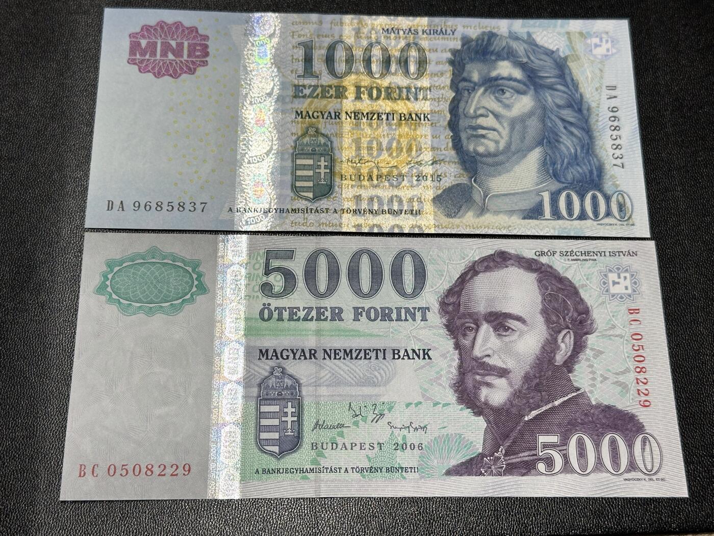 《外钞收藏家》第六百一十七期（精选场）（长期征集拍品、欢迎藏友们联系合作） 匈牙利1000和5000福林 2张一起 非全新 品相如图