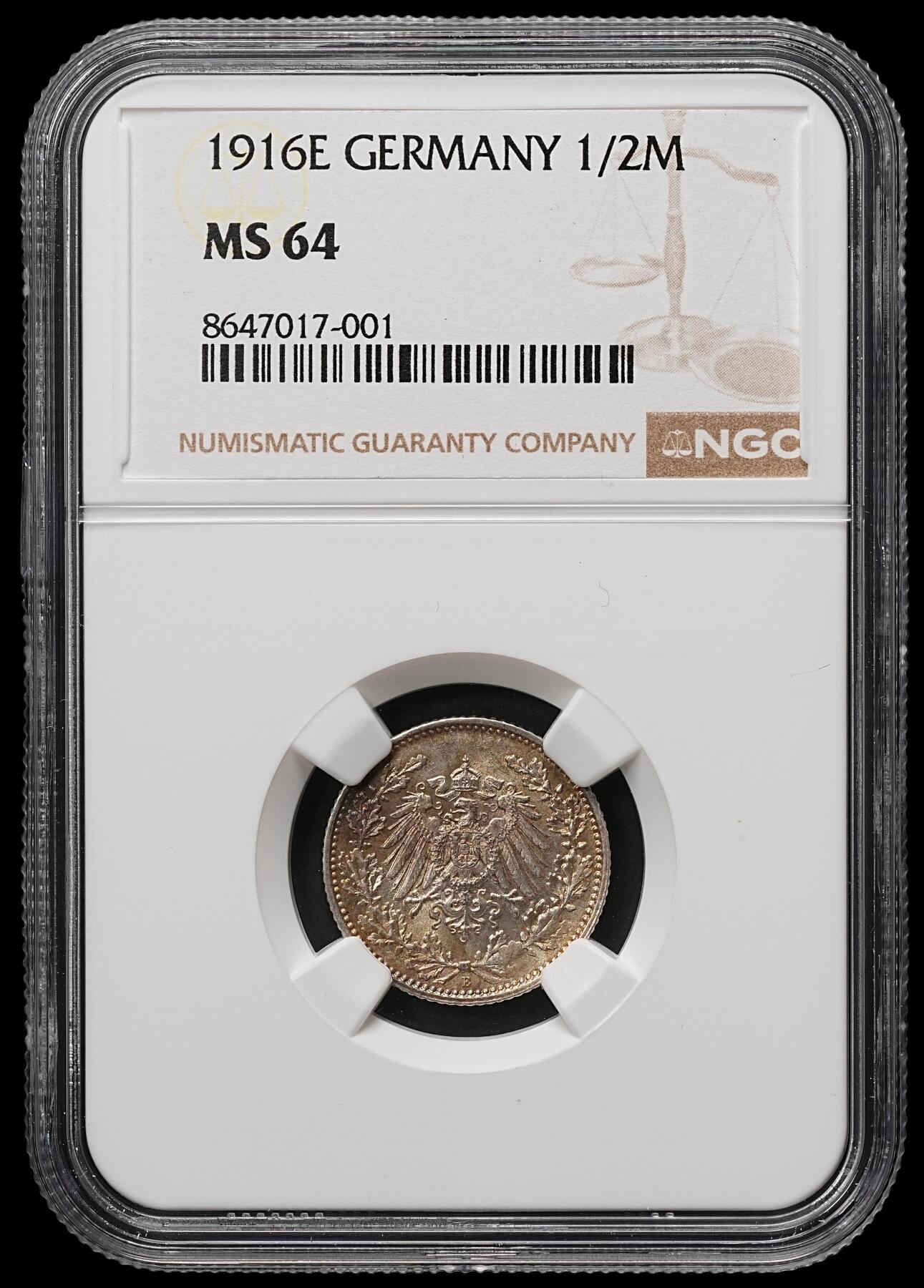 修遠堂世界钱币第107期 NGC MS64 1916年德国1/2马克银币 E厂铭