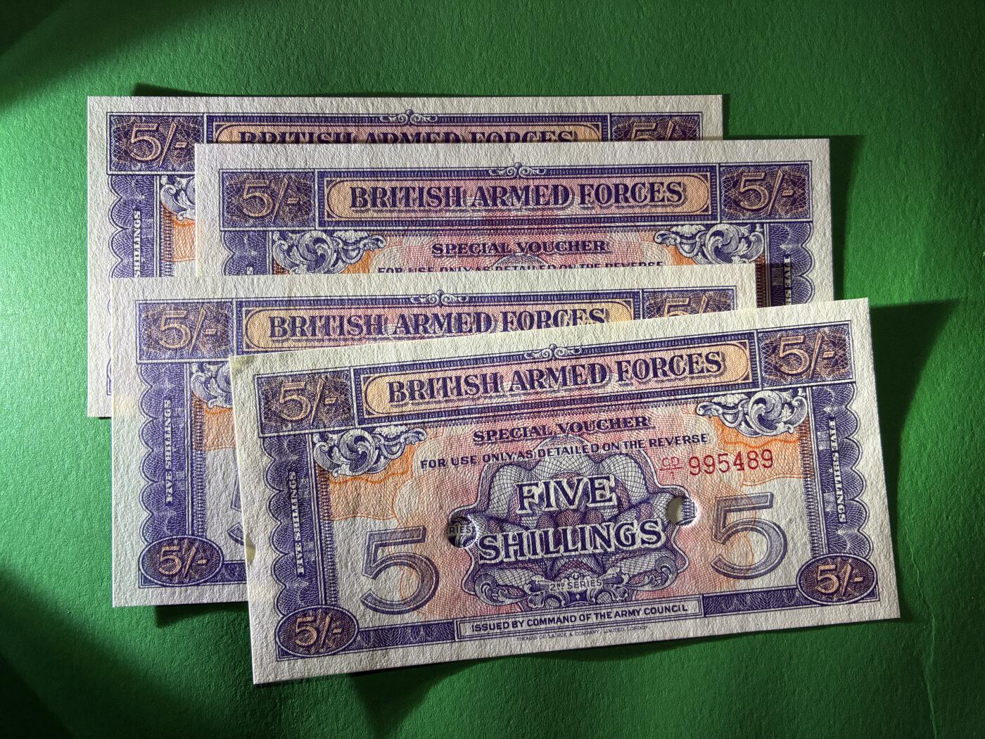 咖啡豆•收藏 2026年Mar_18th世界各国纸币拍卖 4枚 英国 1948年 5先令 军票 全新UNC 外国纸币