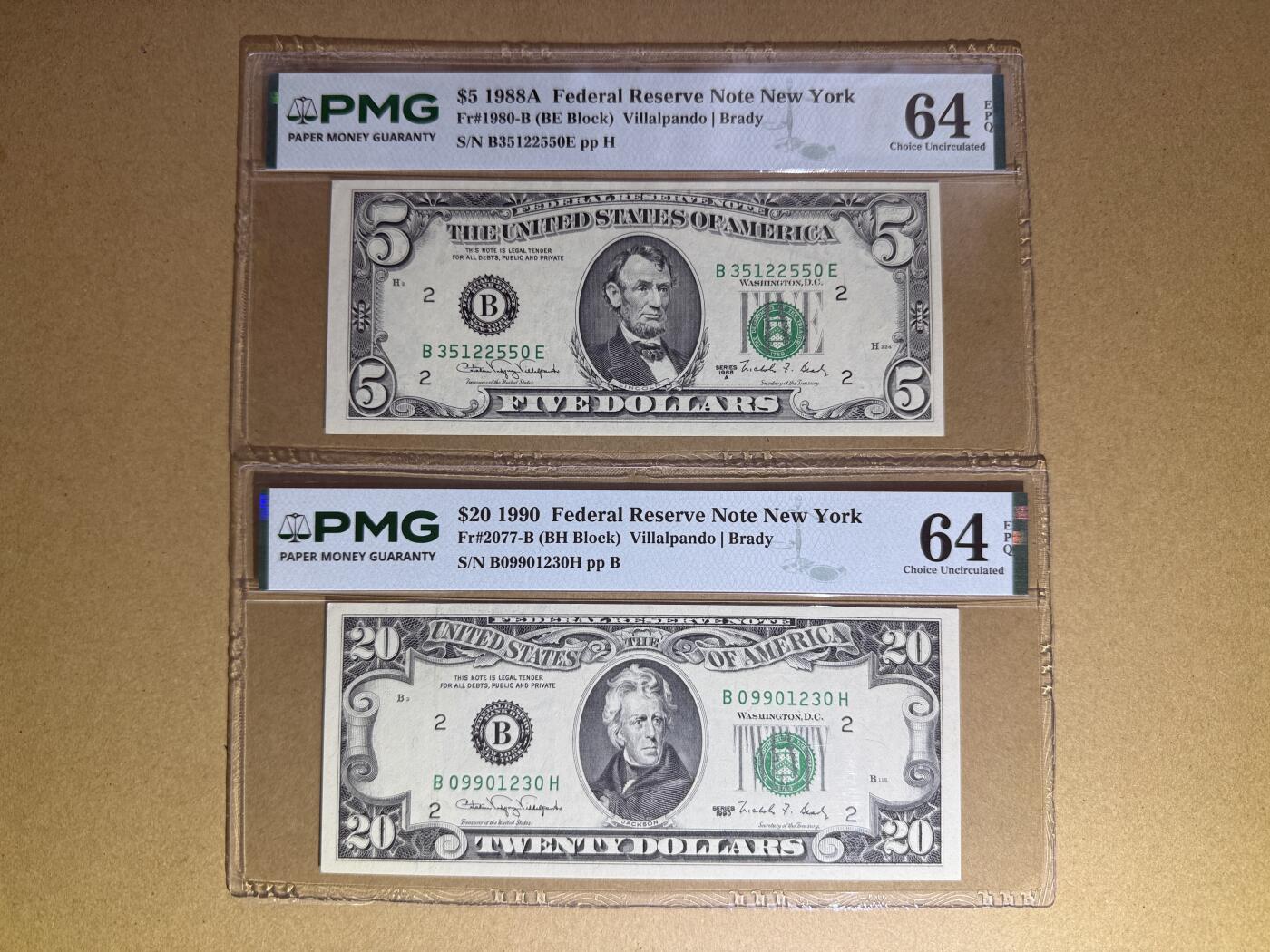 《艾美收藏》第236期-3.15周日外币畅拍 美国5、20美元2张 PMG64E 全程无47