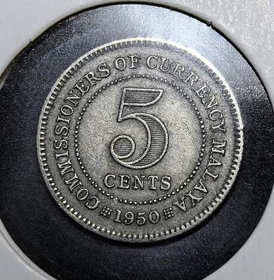 外国优质老铜币银币苏联纪念章，每周六晚九点倒数截拍，满百包邮可寄存，持续收拍 - 英属马来亚1950年5分，正面为英王乔治六世侧面像，背面标注 “马来亚货币专员” 及面值。它是二战后英国殖民时期的流通货币，通用于马来半岛与新加坡，1953 年后被马来亚与婆罗洲联合货币取代。