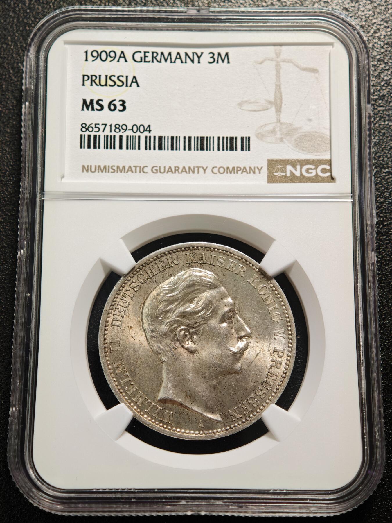 【德藏】世界币章拍卖第167期（拍品征集中~欢迎藏友联系） 1909年 德国普鲁士威廉二世3马克银币 NGC MS63 原光十足