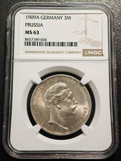 【德藏】世界币章拍卖第167期（拍品征集中~欢迎藏友联系） - 1909年 德国普鲁士威廉二世3马克银币 NGC MS63 原光十足