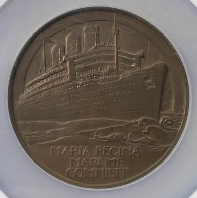 万国钱币拍卖第062期 - NGC MS62 1936年英国玛丽女王号首航纪念铜章 由英国皇家造币厂新雕塑运动的领军人物吉尔伯特·贝叶斯出品 直径70毫米 重171克 目录编号BHM-4282 NGC盒子边缘有磕碰