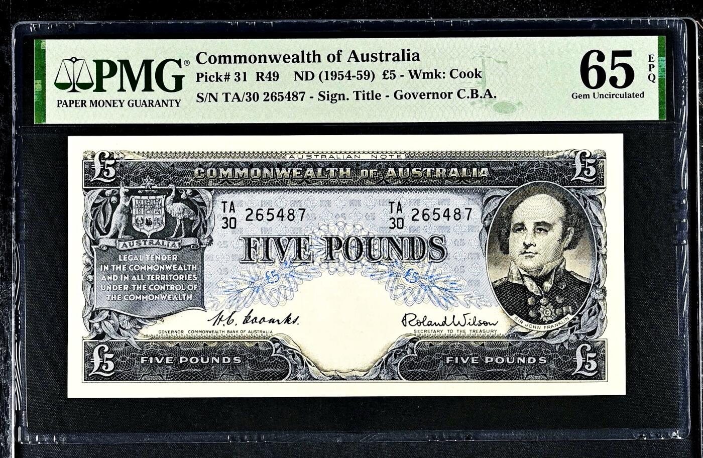 【Blue Auction】世界纸币精拍第794期——18级TOP拍卖/信誉/品质/专业/高效💫 【亚军分 初版】澳大利亚 1954-59年版5镑 PMG65EPQ 设计精美 英国探险家约翰•富兰克林