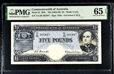 【Blue Auction】世界纸币精拍第794期——18级TOP拍卖/信誉/品质/专业/高效💫 - 【亚军分 初版】澳大利亚 1954-59年版5镑 PMG65EPQ 设计精美 英国探险家约翰•富兰克林