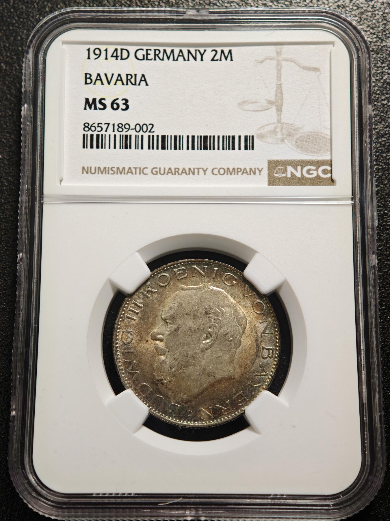【德藏】世界币章拍卖第167期（拍品征集中~欢迎藏友联系） 1914年 德国巴伐利亚2马克银币 NGC MS63 五彩包浆 状态极佳