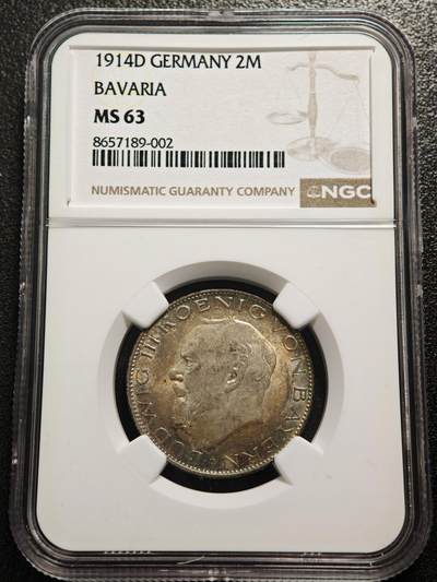 【德藏】世界币章拍卖第167期（拍品征集中~欢迎藏友联系） - 1914年 德国巴伐利亚2马克银币 NGC MS63 五彩包浆 状态极佳