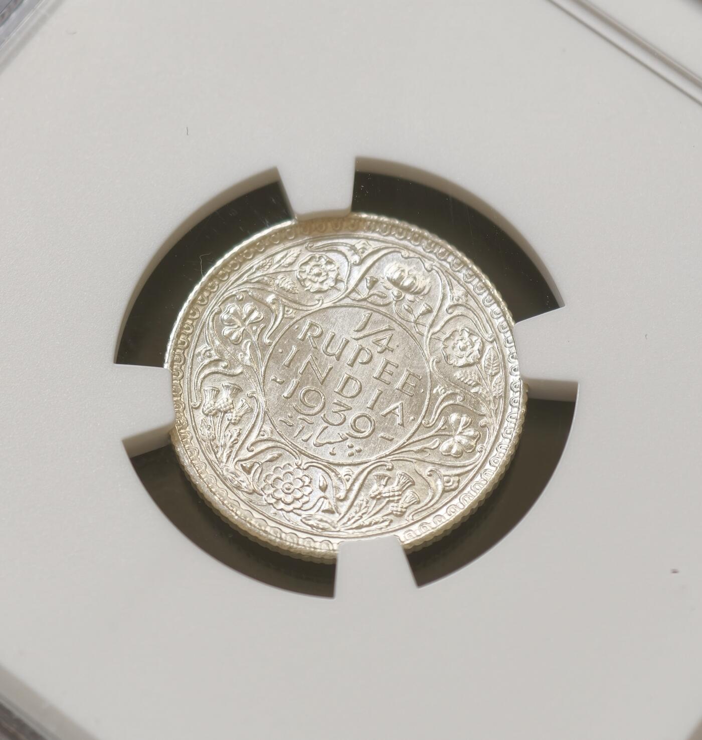 甄臻铺-世界币章拍卖（第54期），3月28日甄品场拍品征集中，送拍享返佣金等优惠多多 NGC-MS63 1939年印度1/4卢比