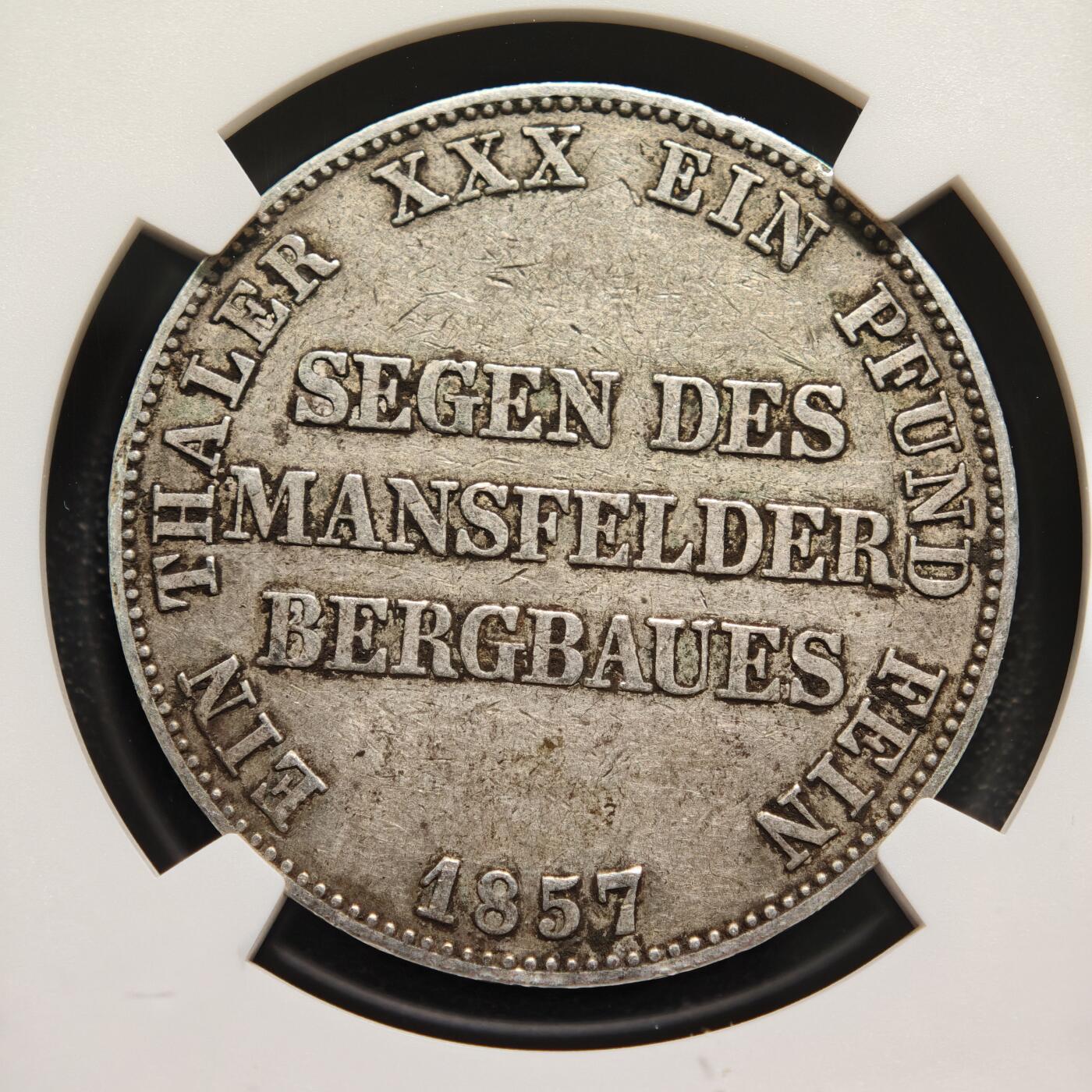 【德藏】世界币章拍卖第167期（拍品征集中~欢迎藏友联系） 1857年 德国普鲁士威廉四世曼斯菲尔德矿业泰勒银币 NGC XF45 原味包浆