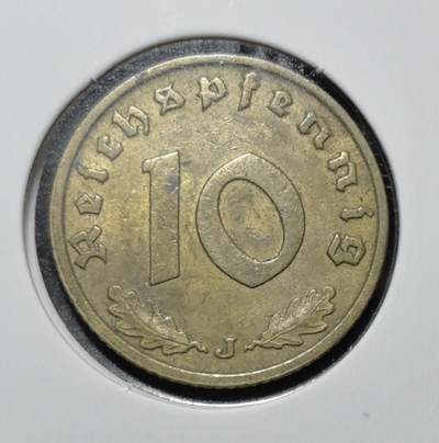 外国优质老铜币银币苏联纪念章，每周六晚九点倒数截拍，满百包邮可寄存，持续收拍 - 德国第三帝时期1938 年10 芬尼 J 版。正面刻有带万字徽的帝国鹰与 “德意志帝国” 字样，背面为面值 “10” 与橡叶纹饰，J 代表汉堡造币厂，见证了二战前德国的政治与货币体系。