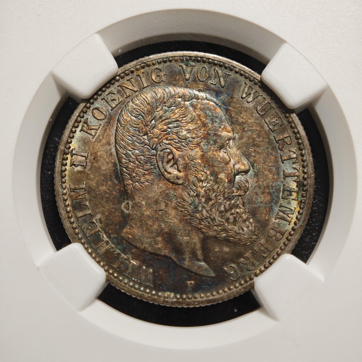 【德藏】世界币章拍卖第167期（拍品征集中~欢迎藏友联系） 1906年 德国符腾堡2马克银币 NGC MS61 深五彩包浆 极具吸引力