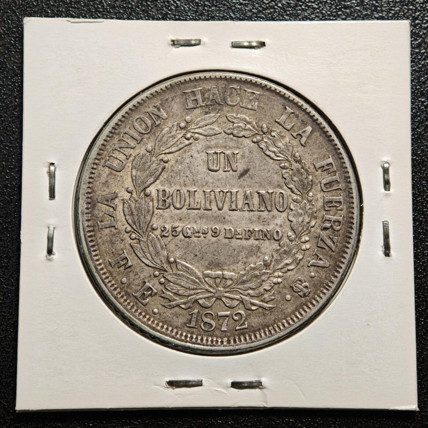 【德藏】世界币章拍卖第167期（拍品征集中~欢迎藏友联系） 老藏家集藏系列之- 1872年 玻利维亚玻利维亚诺银币 入册20余年·附有当年购入价