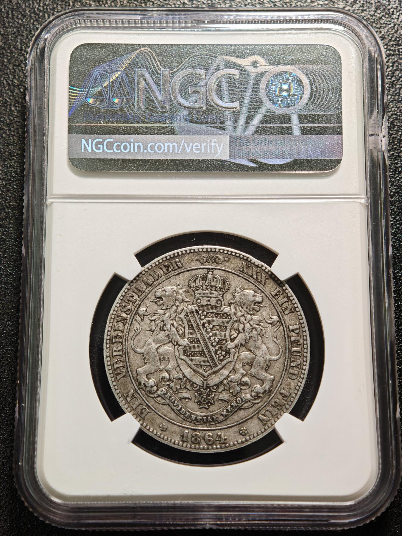 【德藏】世界币章拍卖第167期（拍品征集中~欢迎藏友联系） 1864年 德国萨克森约翰国王联合泰勒银币 NGC XF45 原味包浆