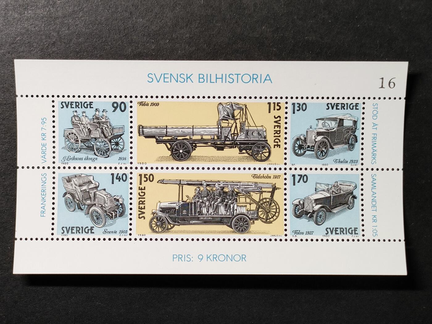 ↓君缘收藏761期☞钱币邮品↓无佣金、可寄存、满30元包邮  瑞典邮票，1980年瑞典汽车制造史邮票小全张6全