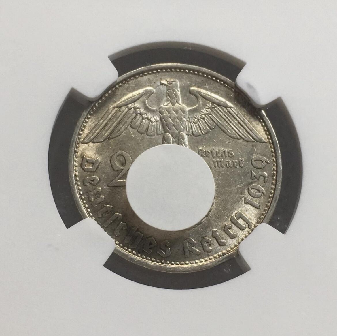 世界钱币专场拍卖 每周二开拍 NGC AU55分19389年B版德国兴登堡万字2马克银币