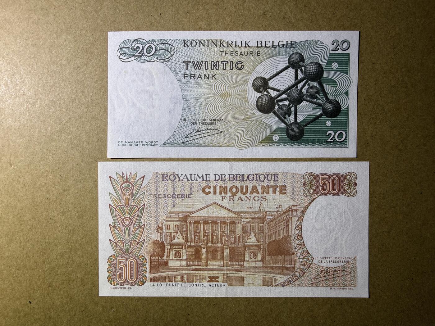 《艾美收藏》第236期-3.15周日外币畅拍 比利时50、100法郎2张 AU 1966年