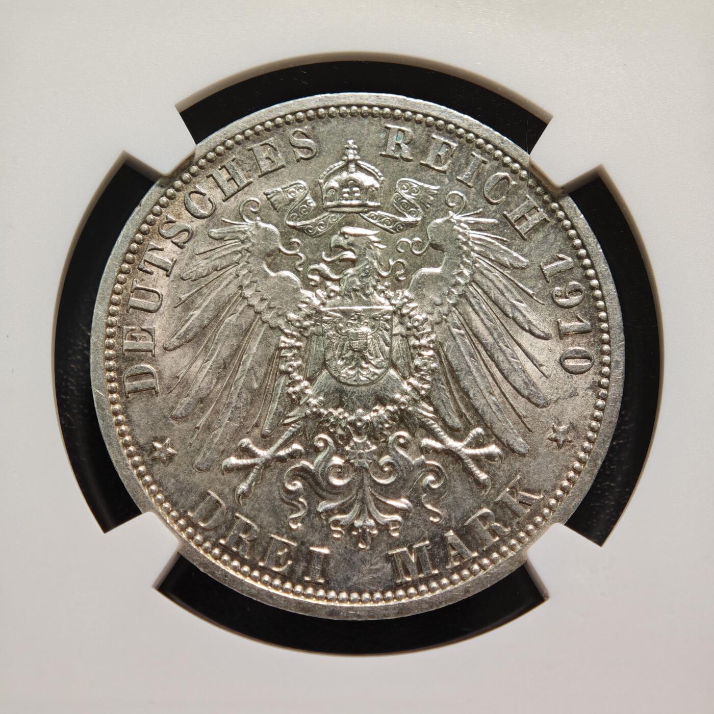 【德藏】世界币章拍卖第167期（拍品征集中~欢迎藏友联系） 1910年 德国萨克森魏玛艾森纳赫大公银婚3马克纪念银币 NGC UNC