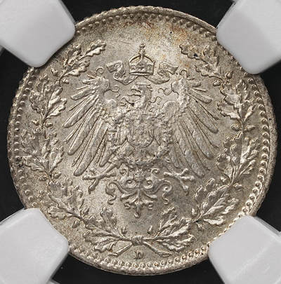 修遠堂世界钱币第107期 - NGC MS65 1915年德国1/2马克银币，D厂铭