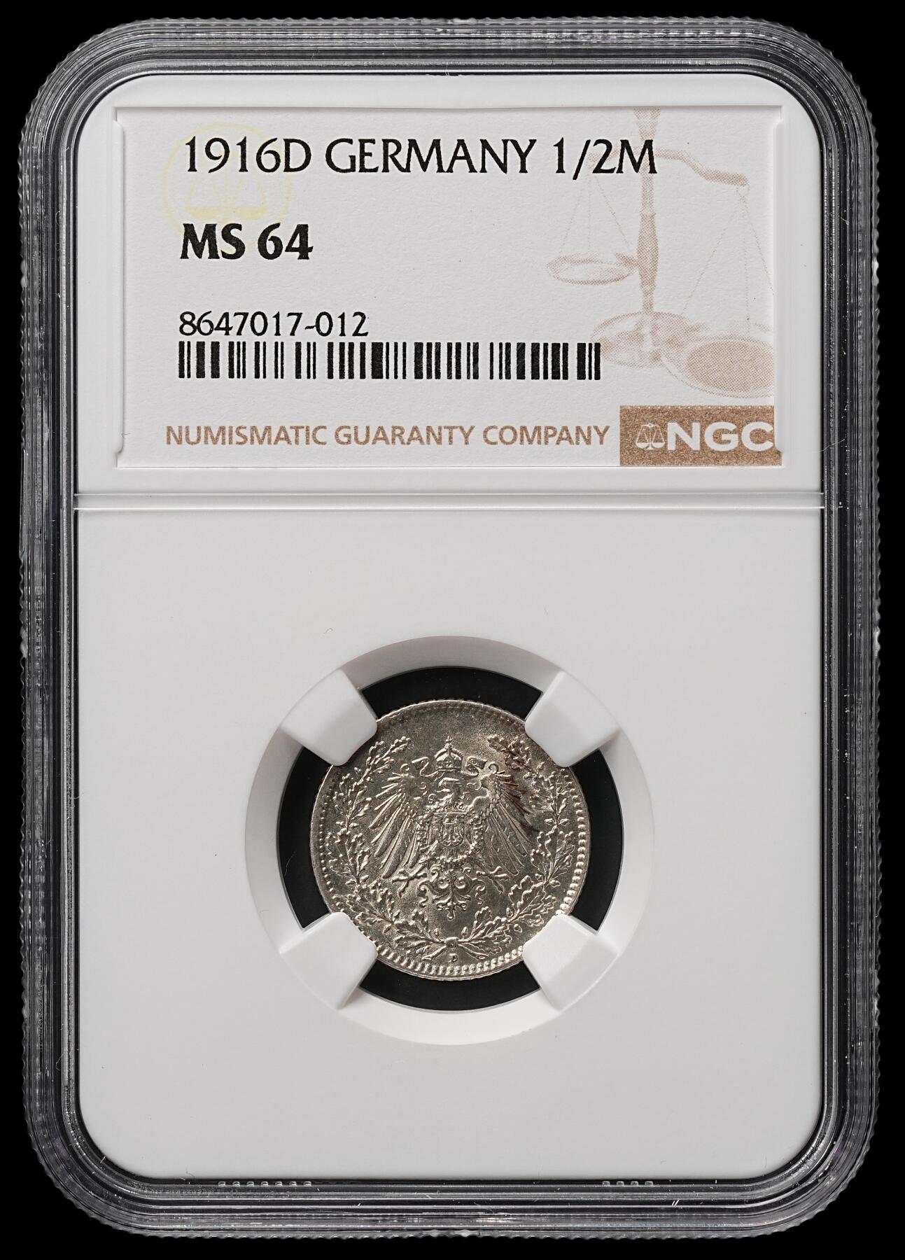 修遠堂世界钱币第107期 NGC MS64 1916年德国1/2马克银币 D厂铭