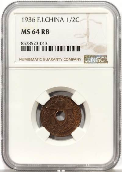 博洋堂世界钱币拍卖第164期（全场包邮） - NGC MS64RB 法属印支1936年1/2分铜币