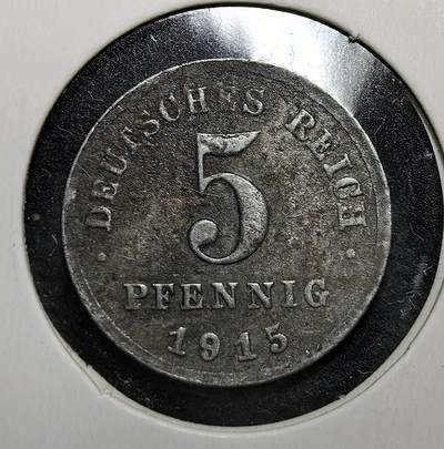 外国优质老铜币银币苏联纪念章，每周六晚九点倒数截拍，满百包邮可寄存，持续收拍 - 德意志帝国1915年5芬尼A版，正面为帝国鹰国徽，背面是面值与年份。发行于一战期间，因战时金属短缺改用铁铸，见证德国战时经济管控与帝国末期的历史变迁。