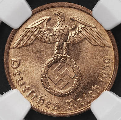 修遠堂世界钱币第107期 - NGC MS64RD 1939年德国2芬尼铜币 D厂铭