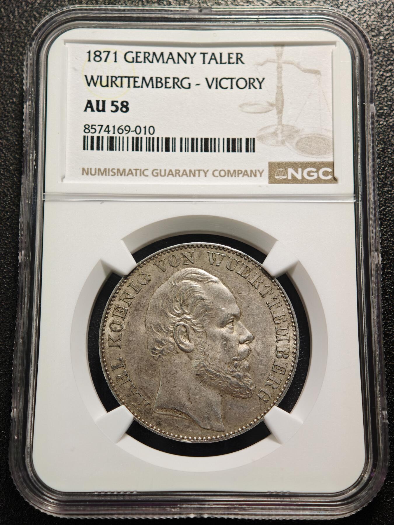 【德藏】世界币章拍卖第167期（拍品征集中~欢迎藏友联系） 1871年 德国符腾堡卡尔一世普法战争胜利纪念泰勒银币 NGC AU58 淡黄油包浆 1870-1871年普法战争以普鲁士为首的德意志邦联获胜，1871年德意志帝国成立，符腾堡作为南德邦国参与此战并加入德意志帝国