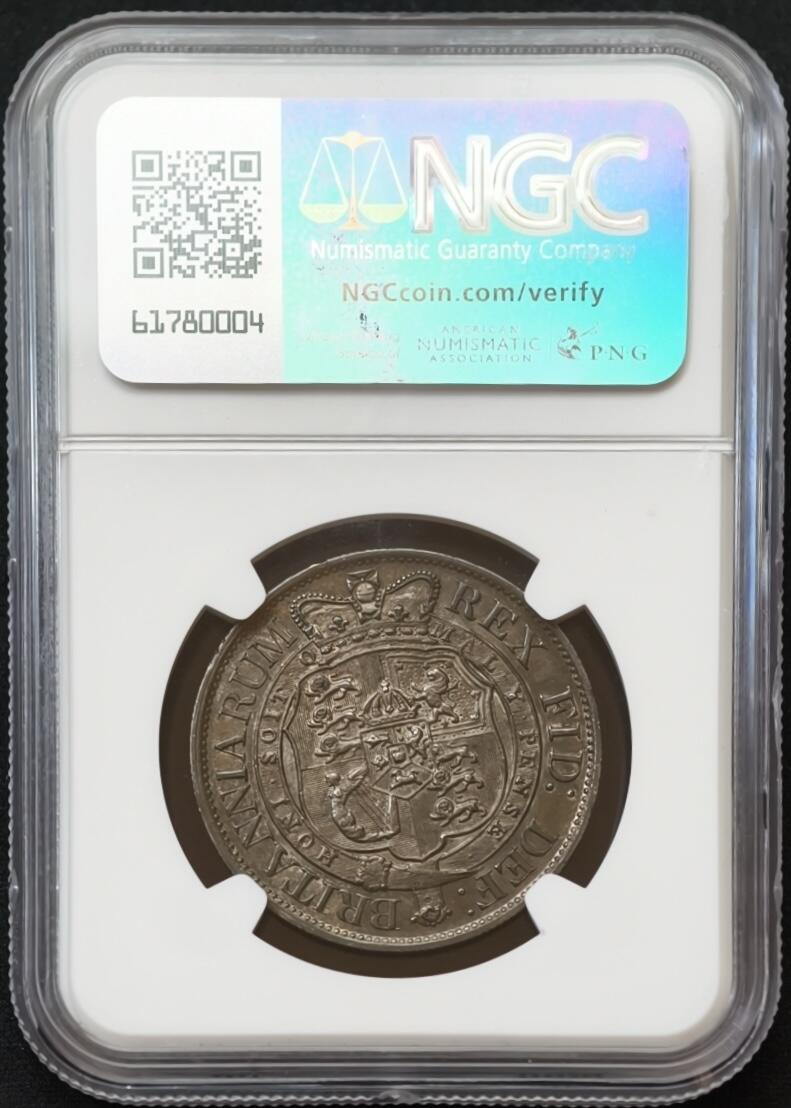 甄臻铺-世界币章拍卖（第54期），3月28日甄品场拍品征集中，送拍享返佣金等优惠多多 NGC-MS62 大英帝国1817年乔治三世牛头半克朗，黑五彩！实物上手令人惊艳的包浆。