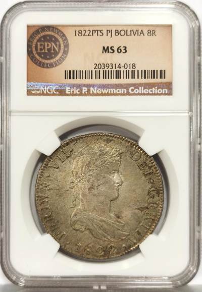 博洋堂世界钱币拍卖第164期（全场包邮） - NGC MS63 西属玻利维亚1822年费七8里亚尔双柱，名家旧藏原味醇厚包装，深打无缺陷。