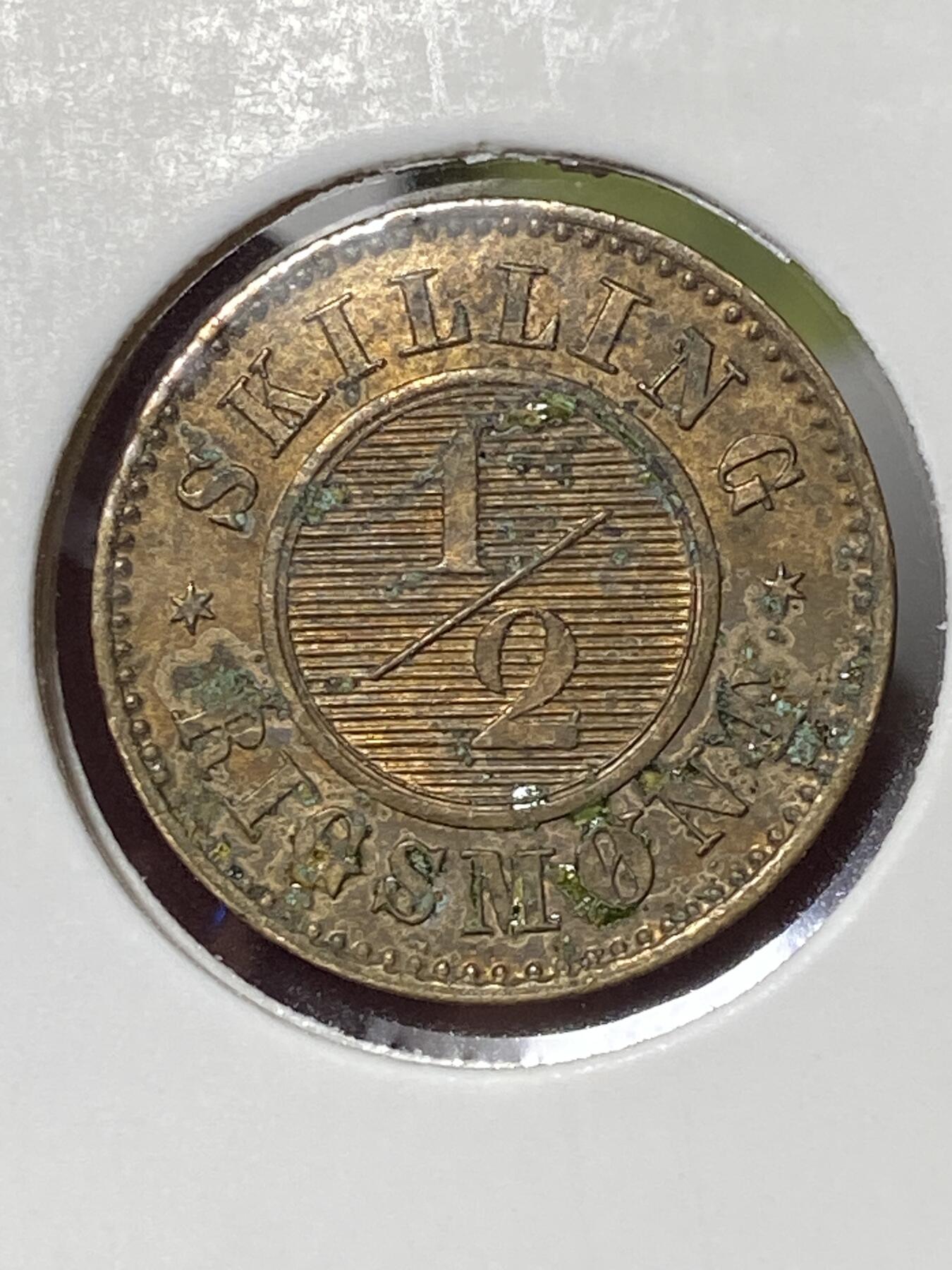 2026年第三十五场(总第二百零四场）外国精品纸夹币场(免佣金) 丹麦王国🇩🇰1868单年份1/2国家货币斯基林(克里斯蒂安九世时期，皇冠标c版哥本哈根造)