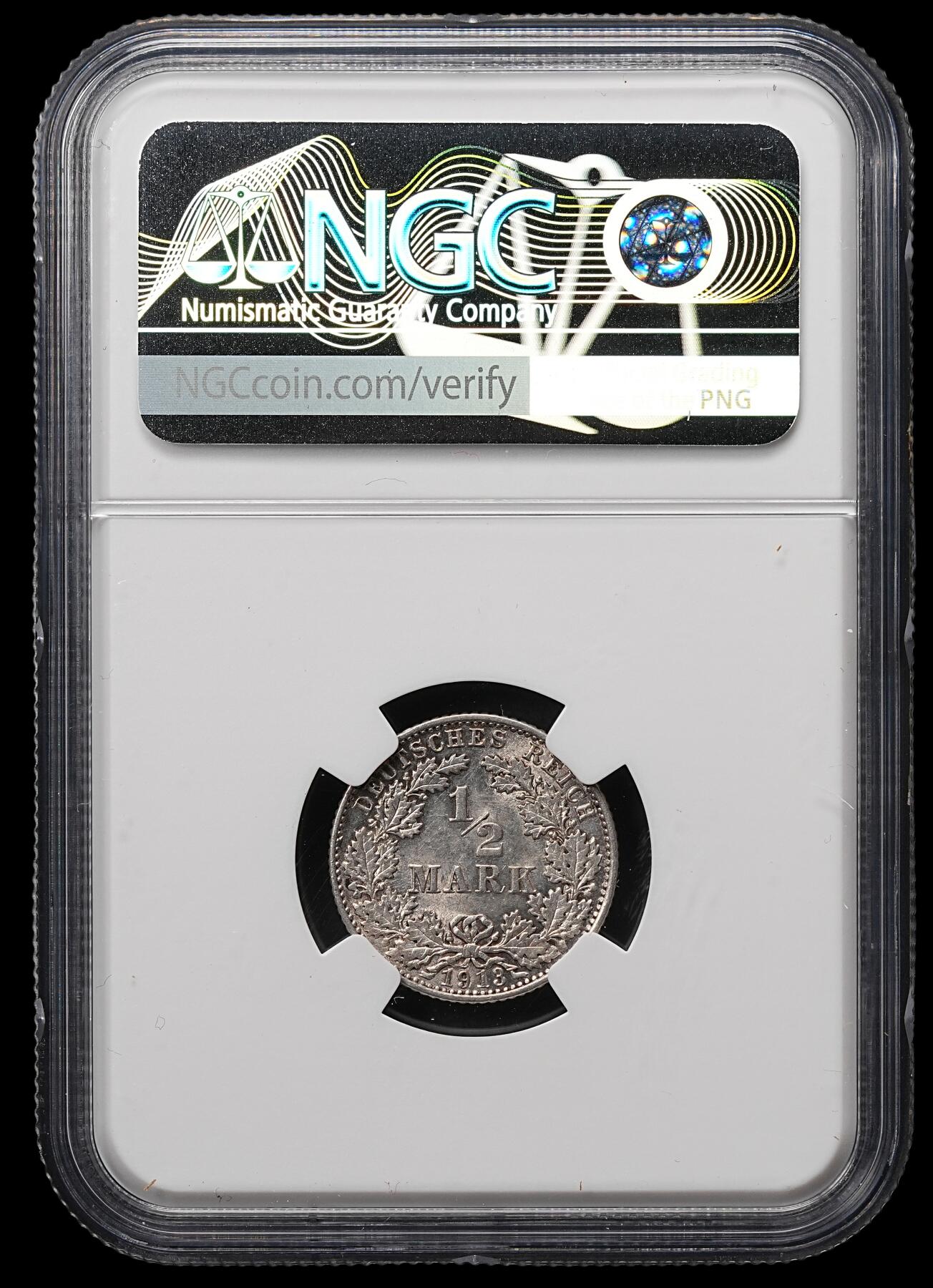 修遠堂世界钱币第107期 NGC MS63 1913年德国1/2马克银币，E厂铭，少见的年份厂铭，盒子年代标识有误