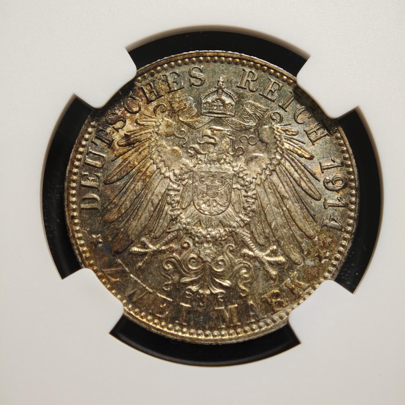 【德藏】世界币章拍卖第167期（拍品征集中~欢迎藏友联系） 1914年 德国巴伐利亚2马克银币 NGC MS63 五彩包浆 状态极佳