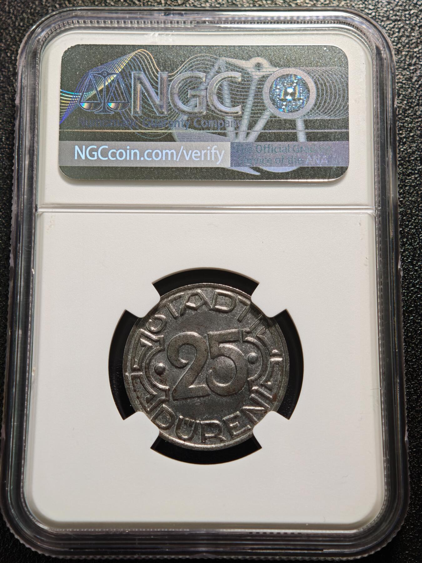 【德藏】世界币章拍卖第167期（拍品征集中~欢迎藏友联系） 1919年 德国紧急时期迪伦矿工25芬尼铁币 NGC MS62 保存不易 状态极佳