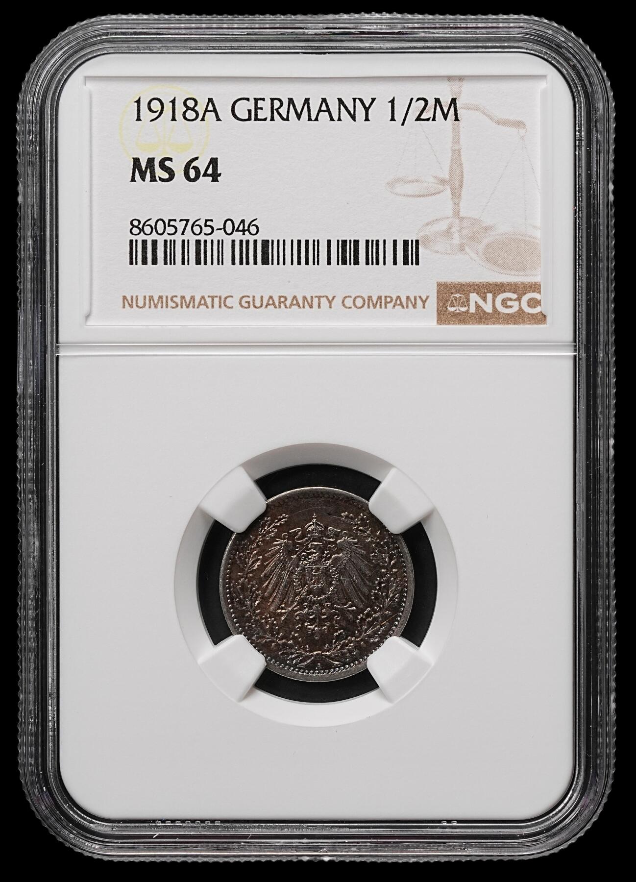 修遠堂世界钱币第107期 NGC MS64 1918年德国1/2马克银币 A厂铭 通体黑彩