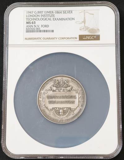 甄臻铺-世界币章拍卖（第54期），3月28日甄品场拍品征集中，送拍享返佣金等优惠多多 - NGC-MS63 1947年英国伦敦城市与行会技术部最终考试获奖银章，直径51毫米。正面是协会徽章和装饰，背面刻有“FINAL TECHNOLOGICAL EXAMINATION”字样，底部是“DEPARTMENT OF TECHNOLOGY”字样，边铭有获奖者姓名、奖项及获奖日期。