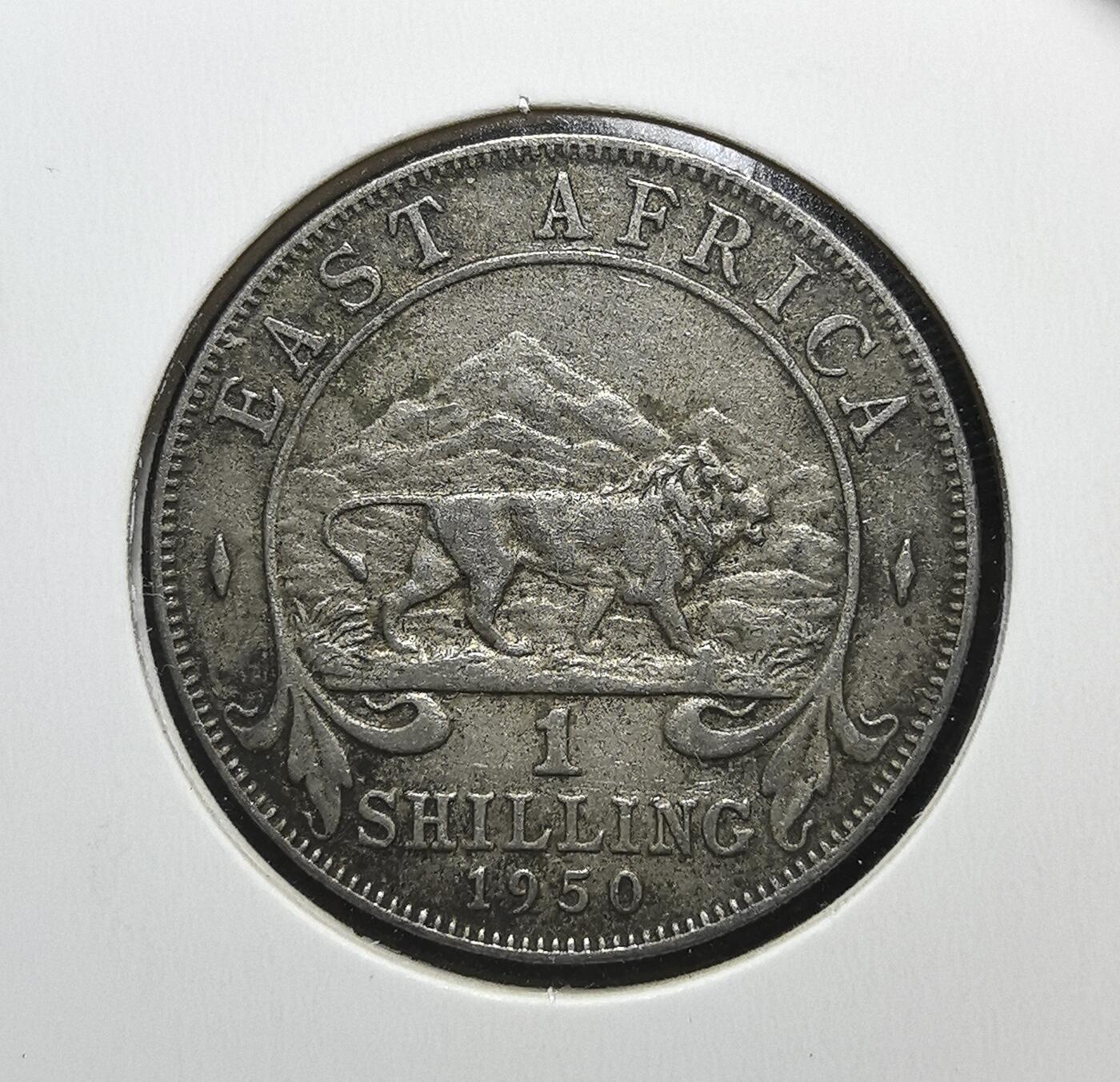 外国优质老铜币银币苏联纪念章，每周六晚九点倒数截拍，满百包邮可寄存，持续收拍 英属东非1950年1先令，正面为乔治六世头像，背面是象征非洲的狮子图案，见证英国殖民统治下东非的统一货币体系与殖民经济背景。