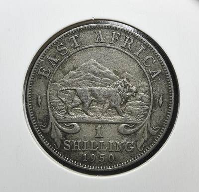外国优质老铜币银币苏联纪念章，每周六晚九点倒数截拍，满百包邮可寄存，持续收拍 - 英属东非1950年1先令，正面为乔治六世头像，背面是象征非洲的狮子图案，见证英国殖民统治下东非的统一货币体系与殖民经济背景。