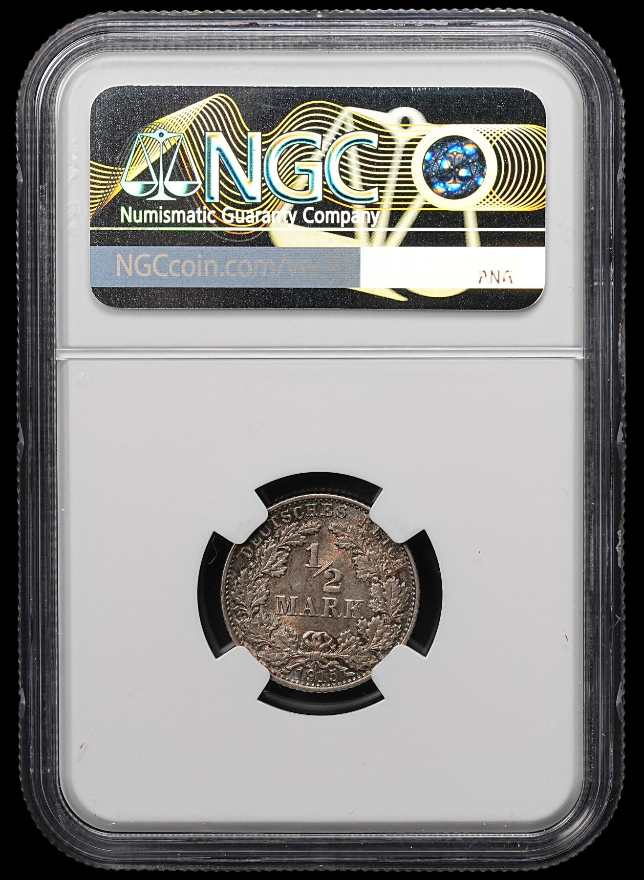 修遠堂世界钱币第107期 NGC MS64 1915年德国1/2马克银币，E厂铭