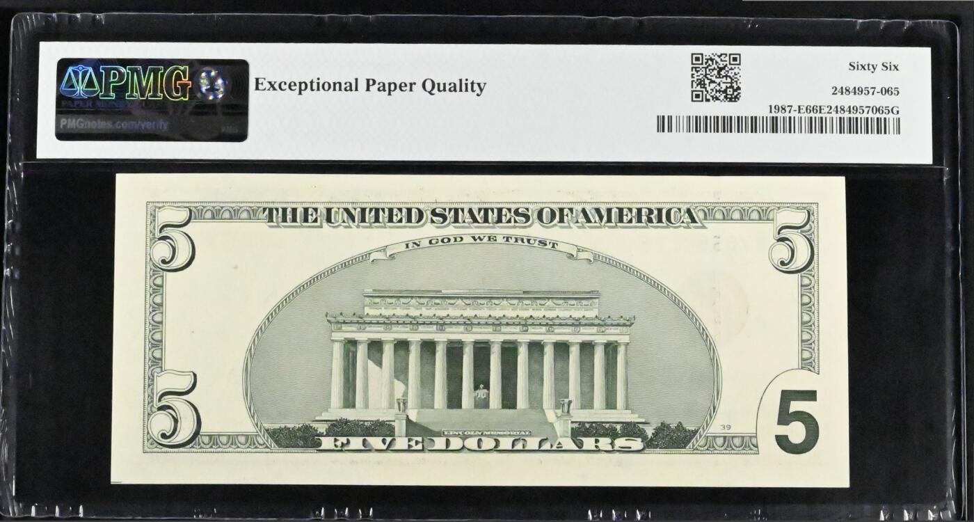 《艾美收藏》第236期-3.15周日外币畅拍 美国5美元 PMG66E 1999年 无4